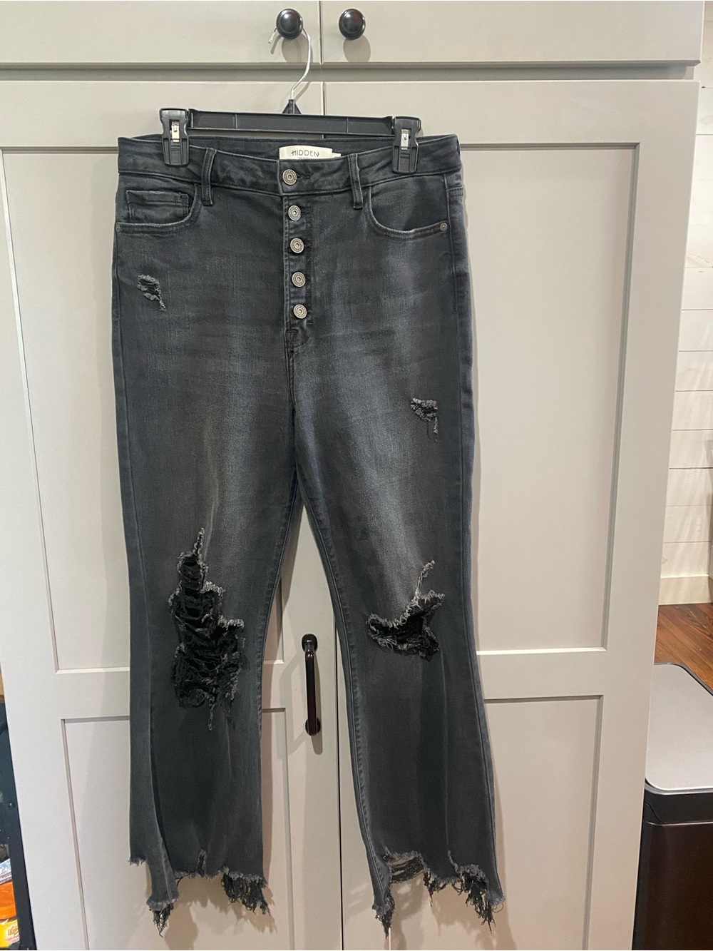 Washed Black High-Rise Straight Leg Jeans with Distressed Hem